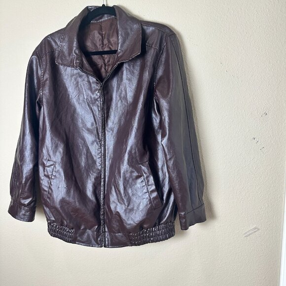 Oversized Faux Leather Bomber Jacket Coat Slant Pockets Chocolate Brown Medium - Picture 4 of 10